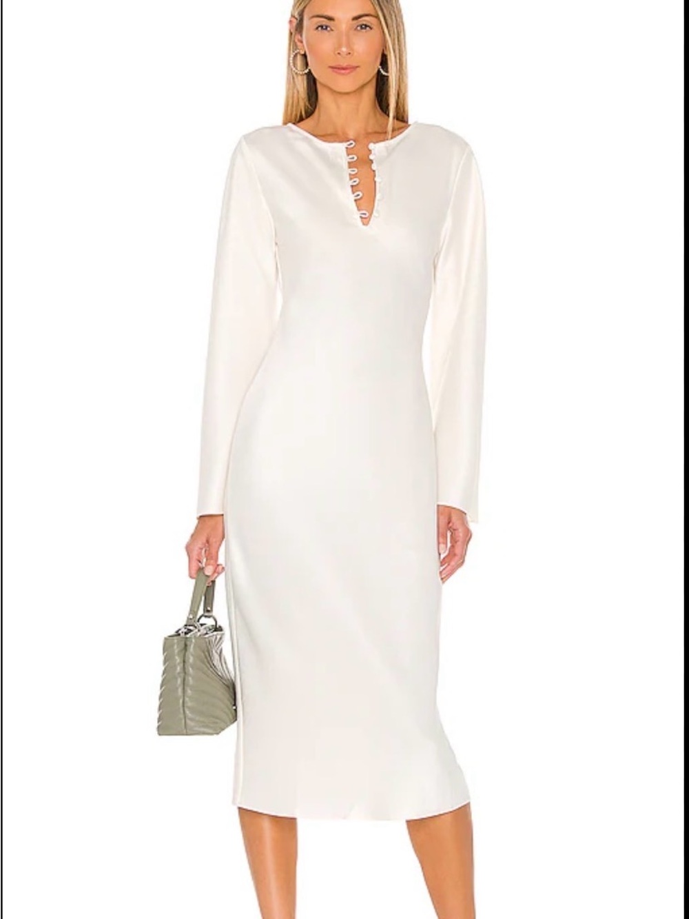 L'Academie Ivory Long-Sleeve Midi Dress with Loop-Front Notch